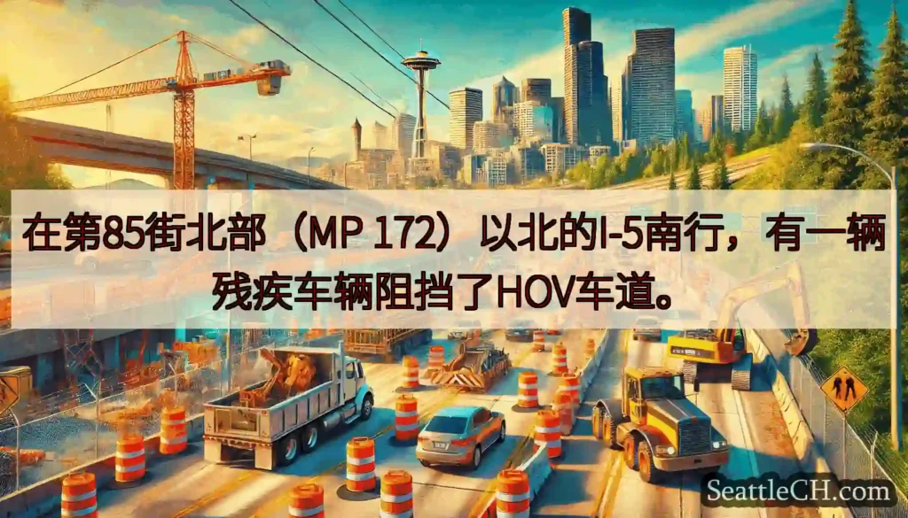 在第85街北部（MP 172）以北的I-5南行，有一辆残疾车辆阻挡了HOV车道。