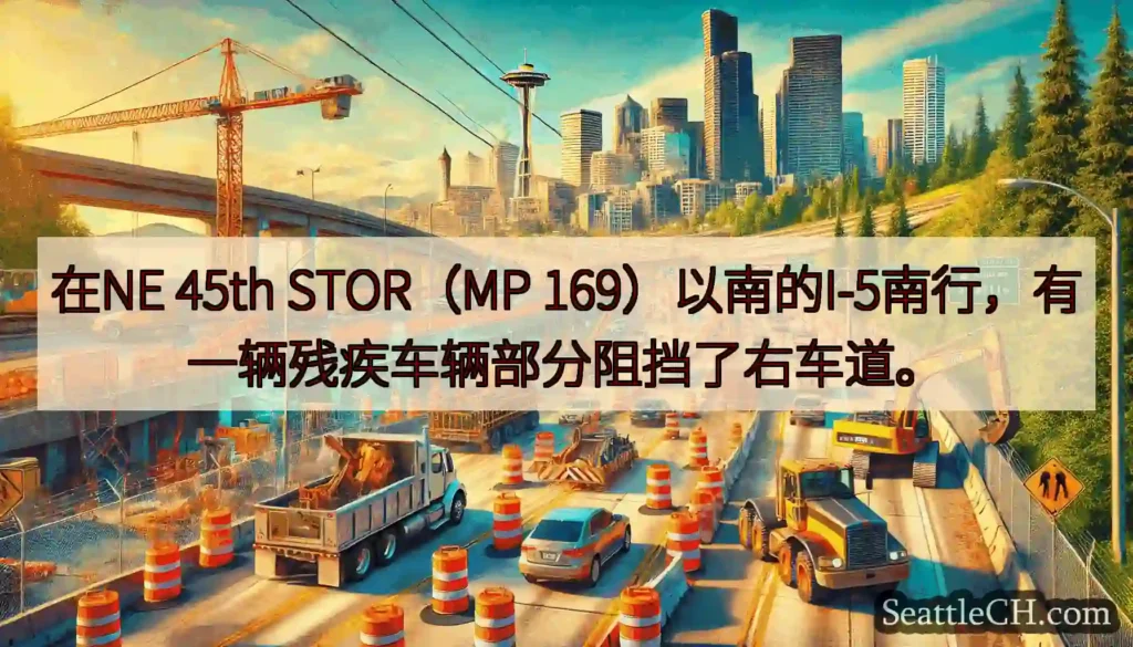在NE 45th STOR（MP 169）以南的I-5南行，有一辆残疾车辆部分阻挡了右车道。