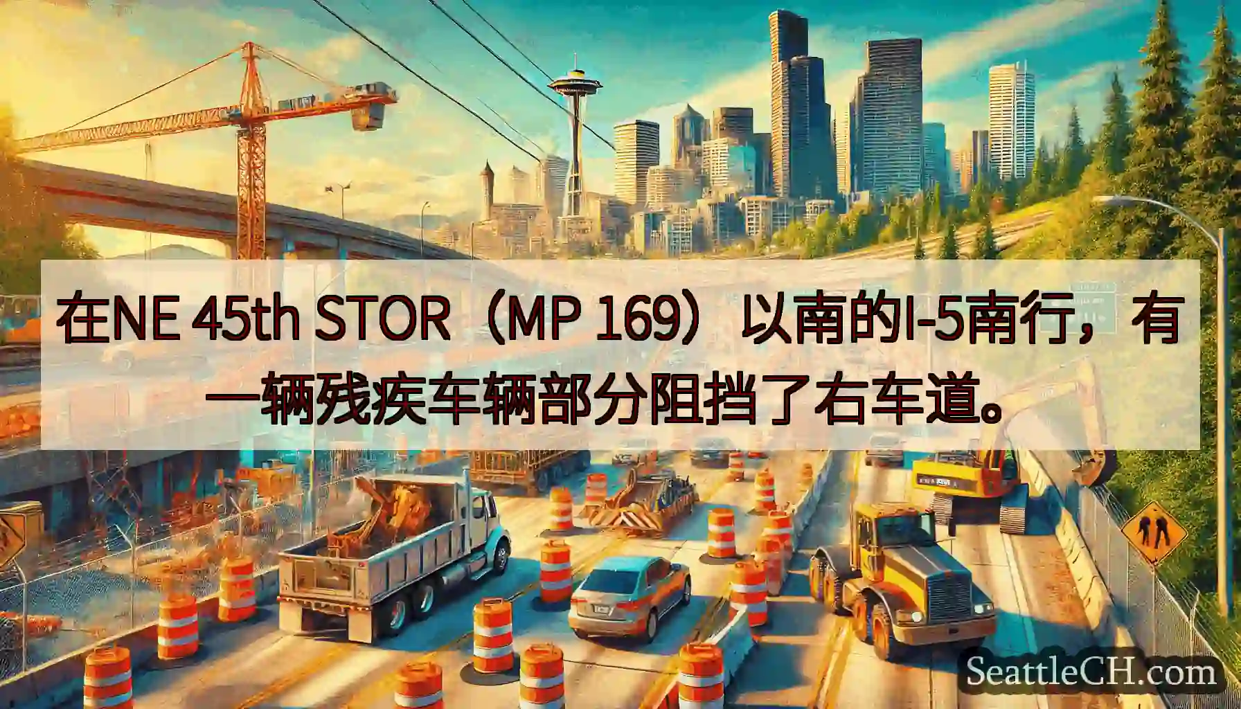 在NE 45th STOR（MP 169）以南的I-5南行，有一辆残疾车辆部分阻挡了右车道。