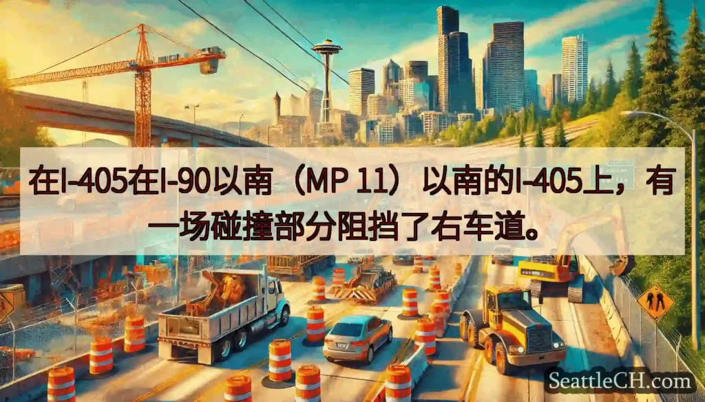 在I-405在I-90以南（MP 11）以南的I-405上，有一场碰撞部分阻挡了右车道。