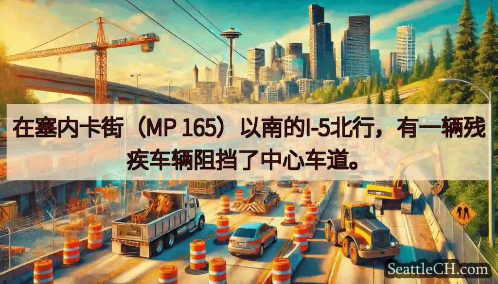 在塞内卡街（MP 165）以南的I-5北行，有一辆残疾车辆阻挡了中心车道。