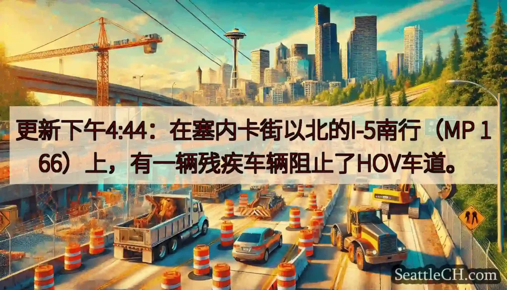 更新下午4:44：在塞内卡街以北的I-5南行（MP 166）上，有一辆残疾车辆阻止了HOV车道。