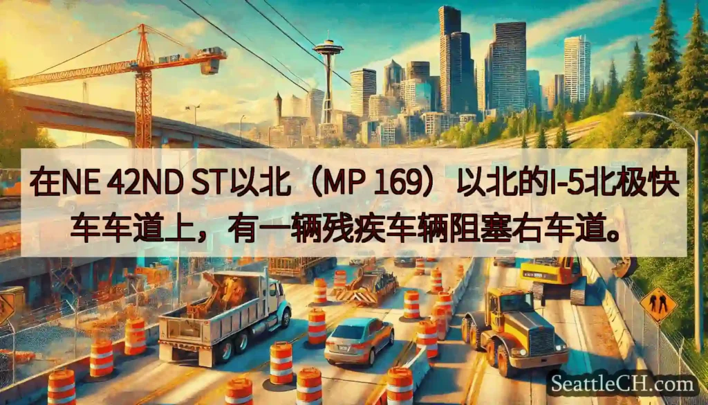 在NE 42ND ST以北（MP 169）以北的I-5北极快车车道上，有一辆残疾车辆阻塞右车道。