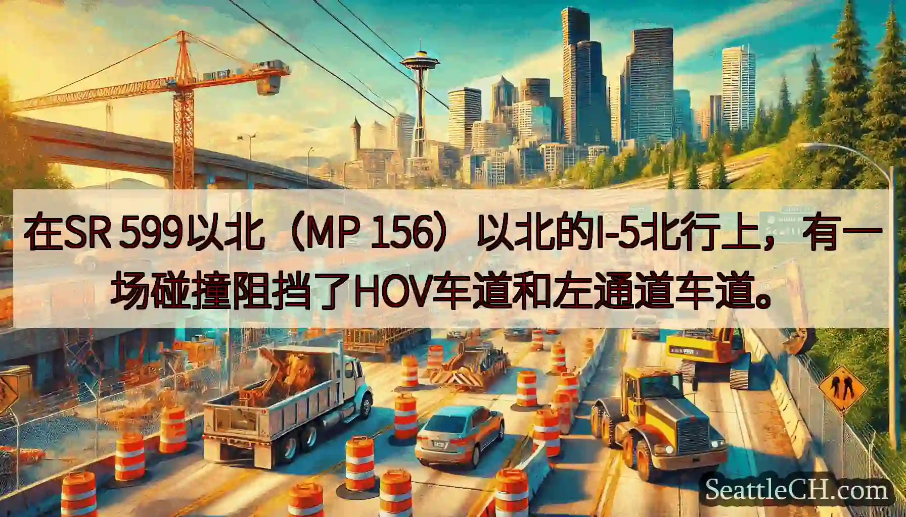 在SR 599以北（MP 156）以北的I-5北行上，有一场碰撞阻挡了HOV车道和左通道车道。
