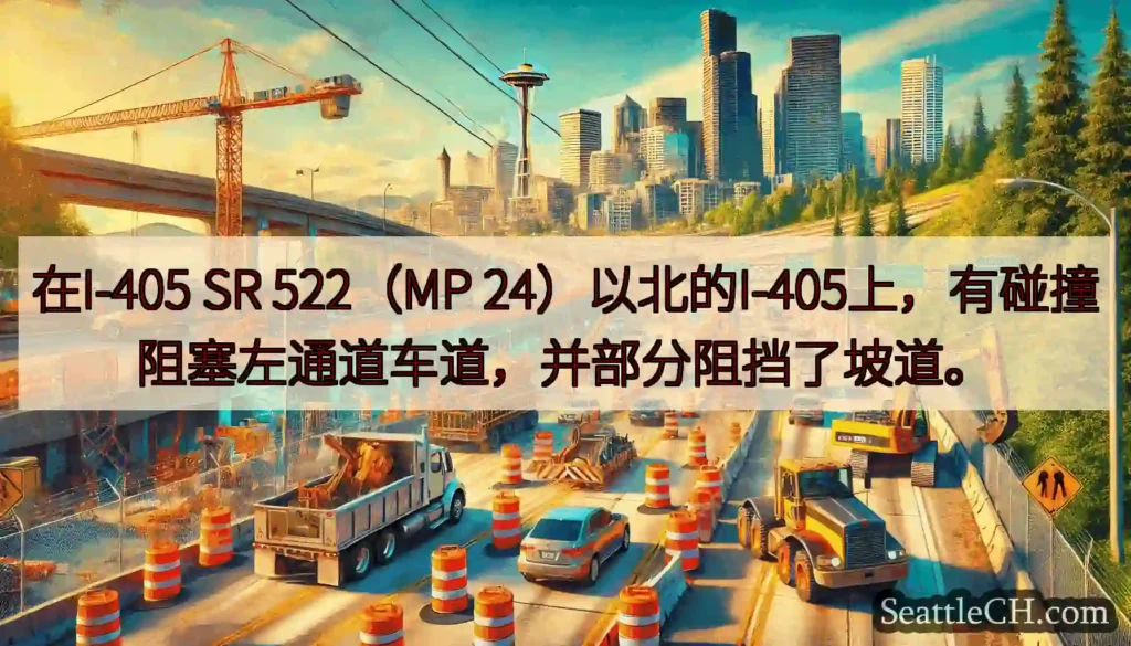 在I-405 SR 522（MP 24）以北的I-405上，有碰撞阻塞左通道车道，并部分阻挡了坡道。