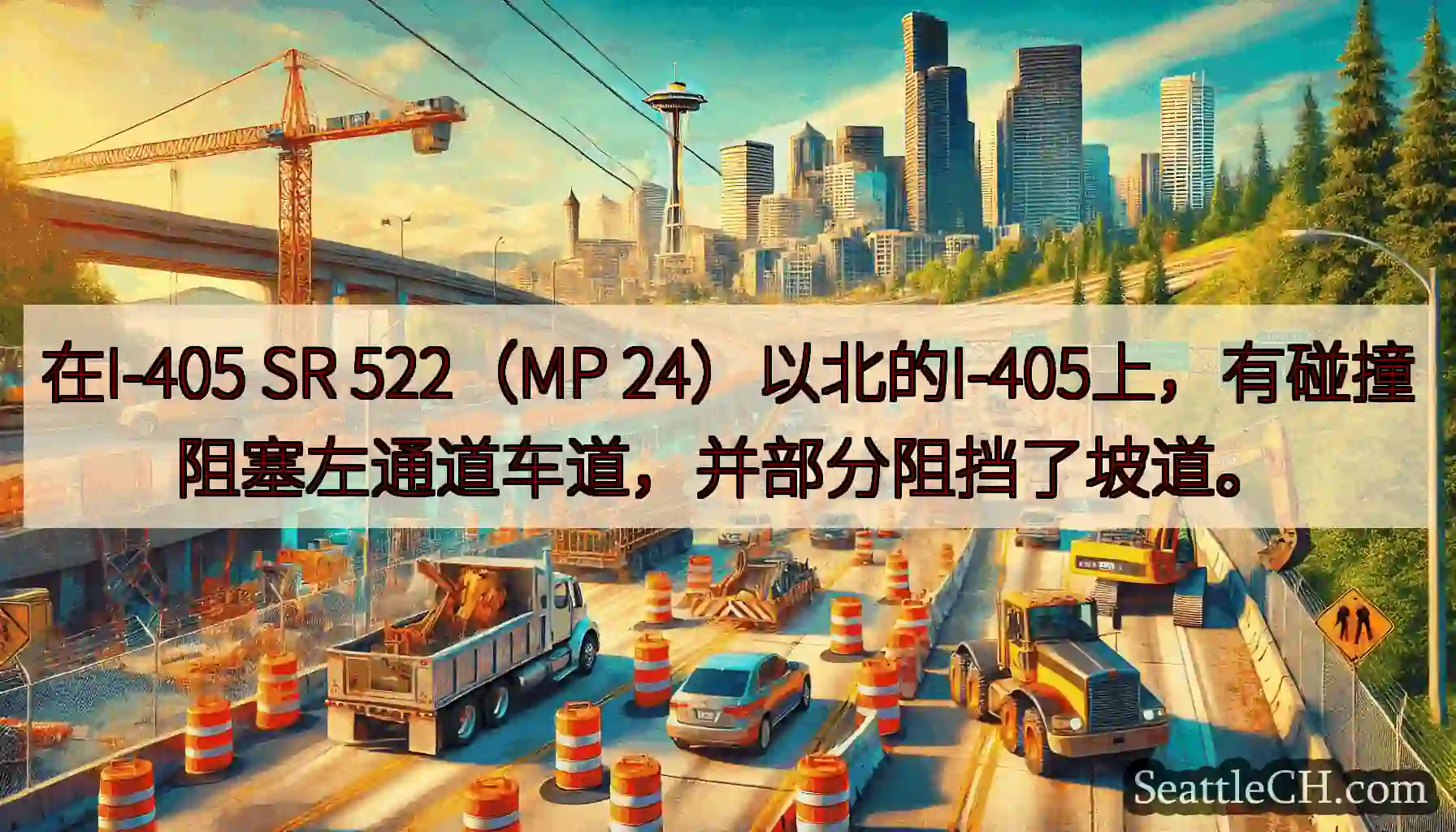 在I-405 SR 522（MP 24）以北的I-405上，有碰撞阻塞左通道车道，并部分阻挡了坡道。