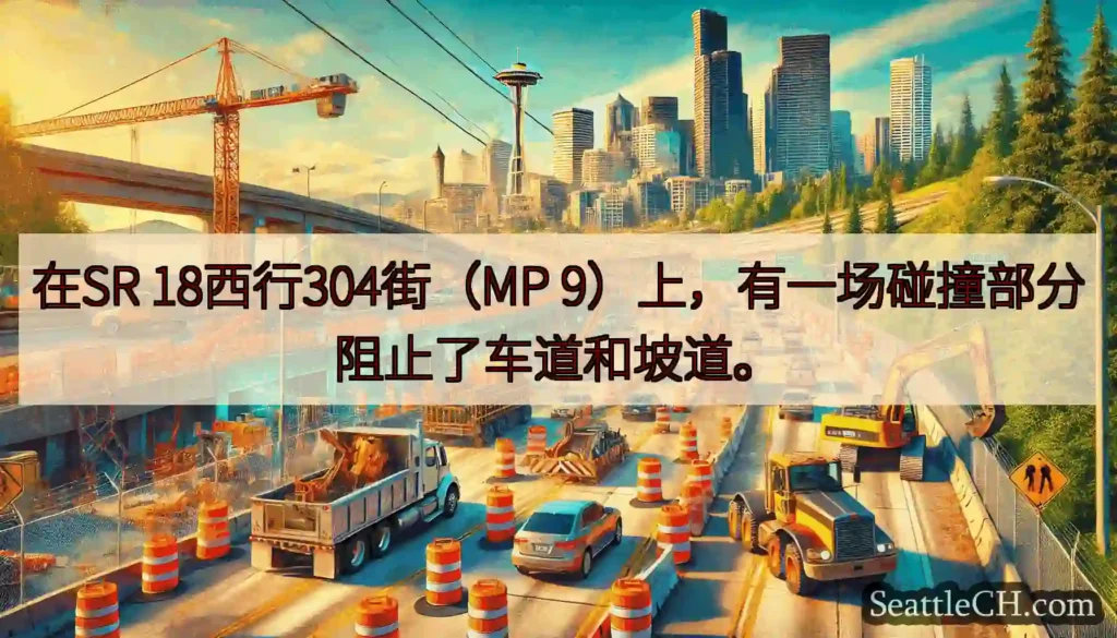 在SR 18西行304街（MP 9）上，有一场碰撞部分阻止了车道和坡道。