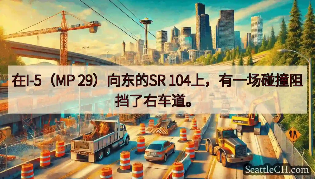在I-5（MP 29）向东的SR 104上，有一场碰撞阻挡了右车道。