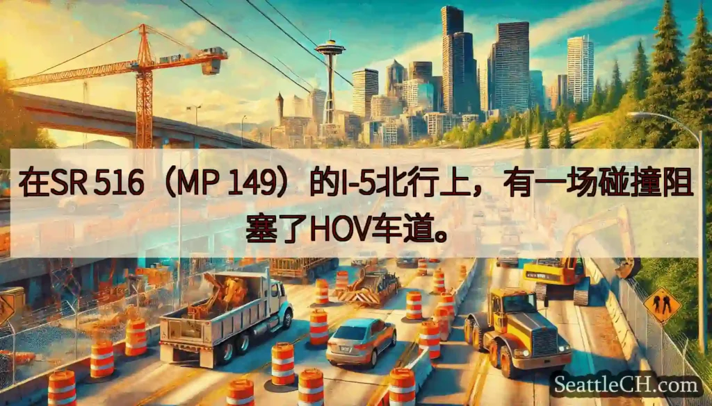 在SR 516（MP 149）的I-5北行上，有一场碰撞阻塞了HOV车道。