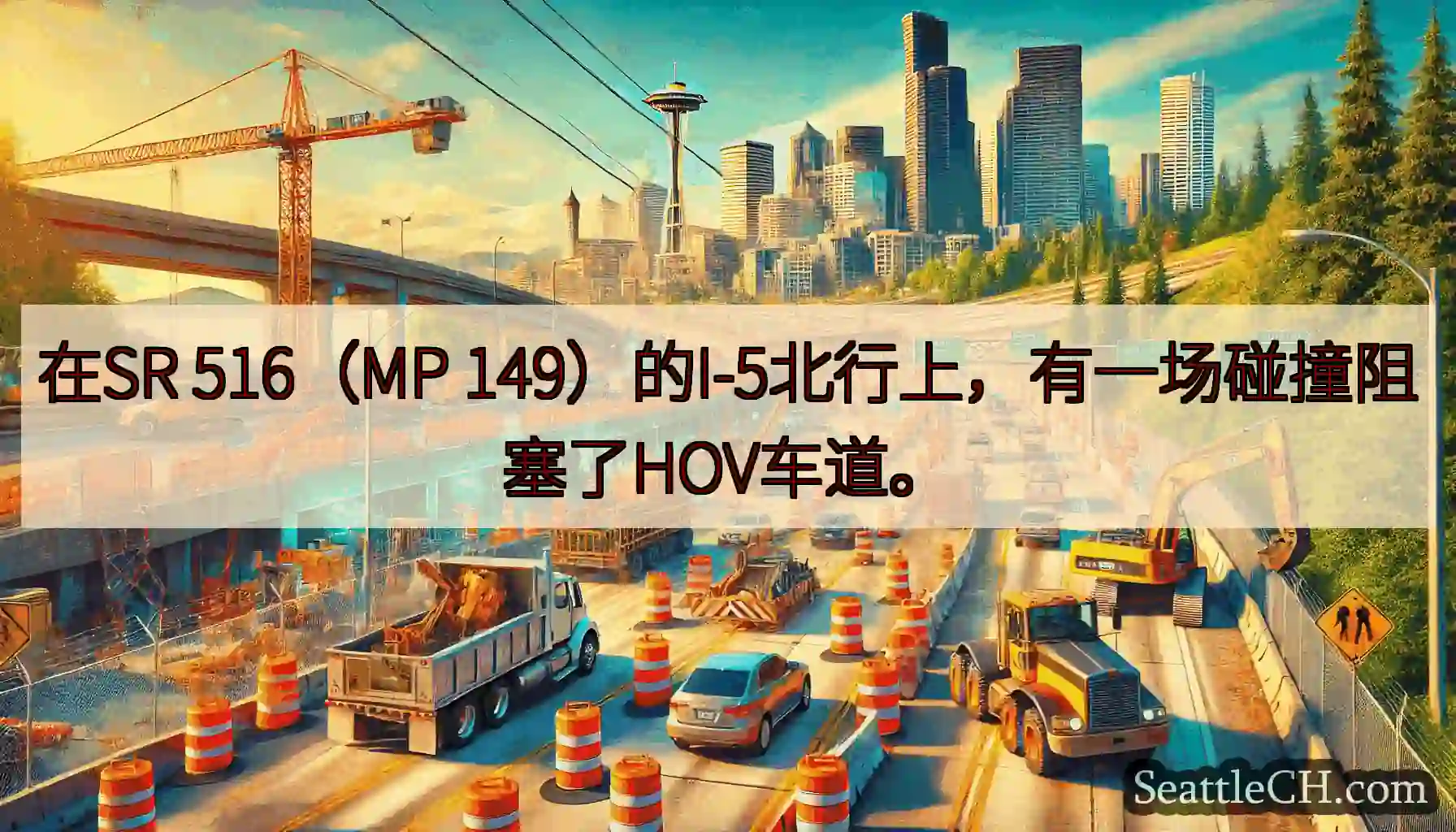 在SR 516（MP 149）的I-5北行上，有一场碰撞阻塞了HOV车道。