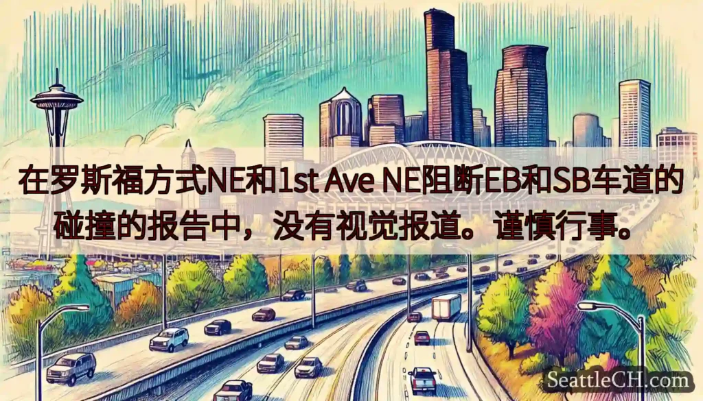 在罗斯福方式NE和1st Ave NE阻断EB和SB车道的碰撞的报告中，没有视觉报道。谨慎行事。