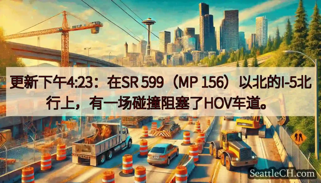 更新下午4:23：在SR 599（MP 156）以北的I-5北行上，有一场碰撞阻塞了HOV车道。