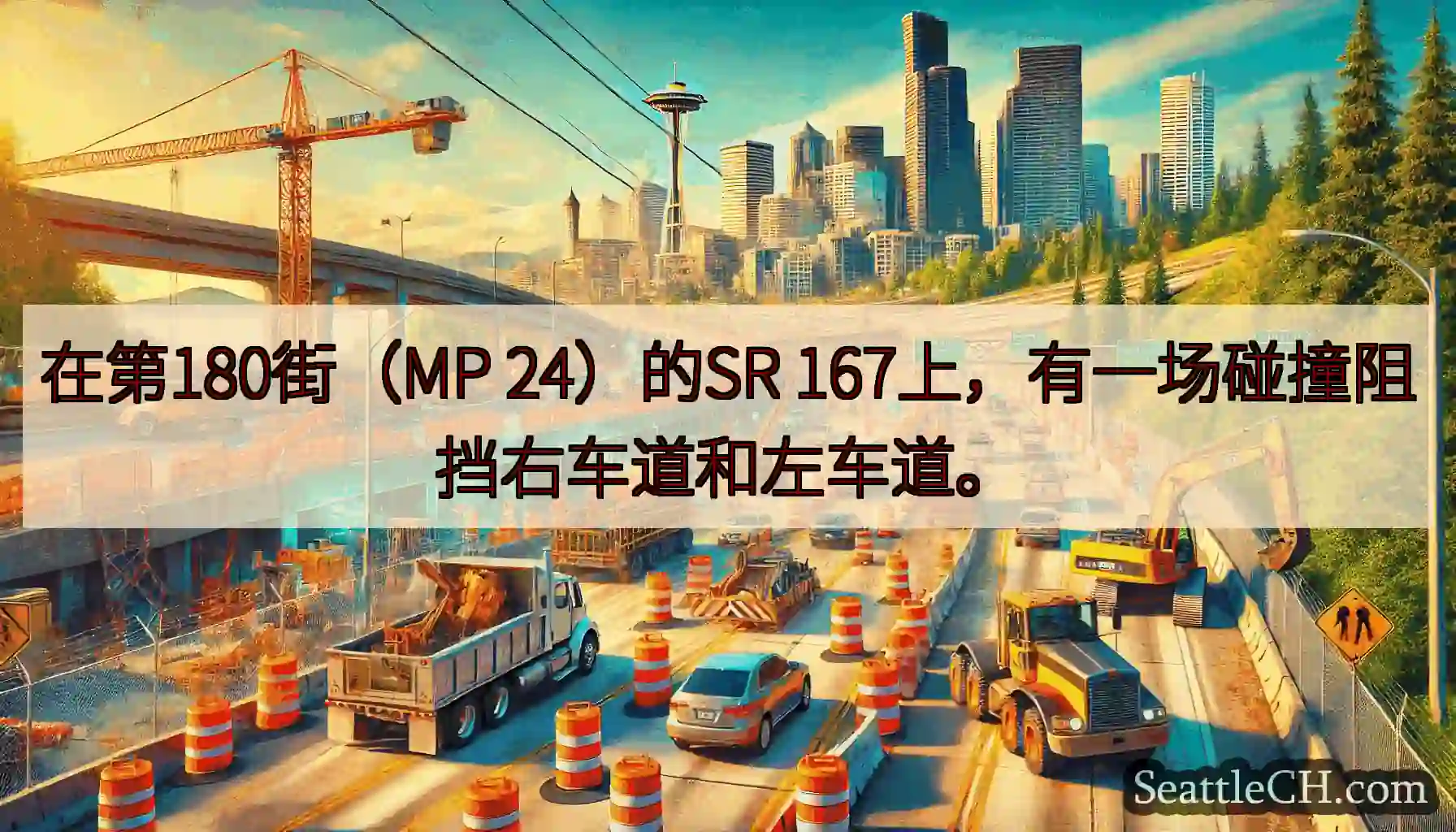 在第180街（MP 24）的SR 167上，有一场碰撞阻挡右车道和左车道。