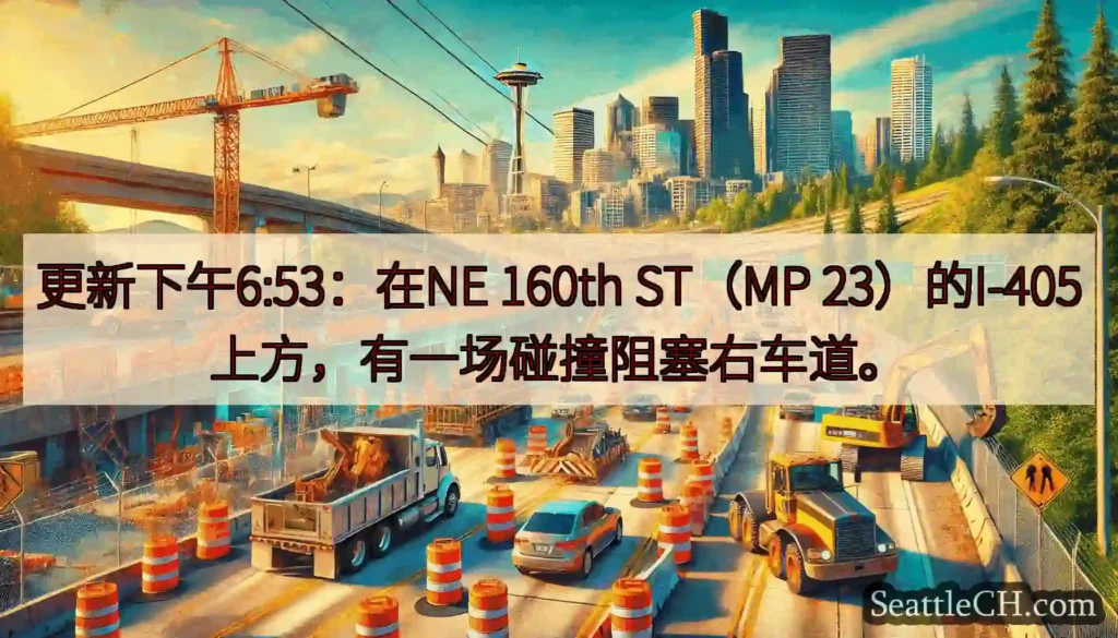 更新下午6:53：在NE 160th ST（MP 23）的I-405上方，有一场碰撞阻塞右车道。