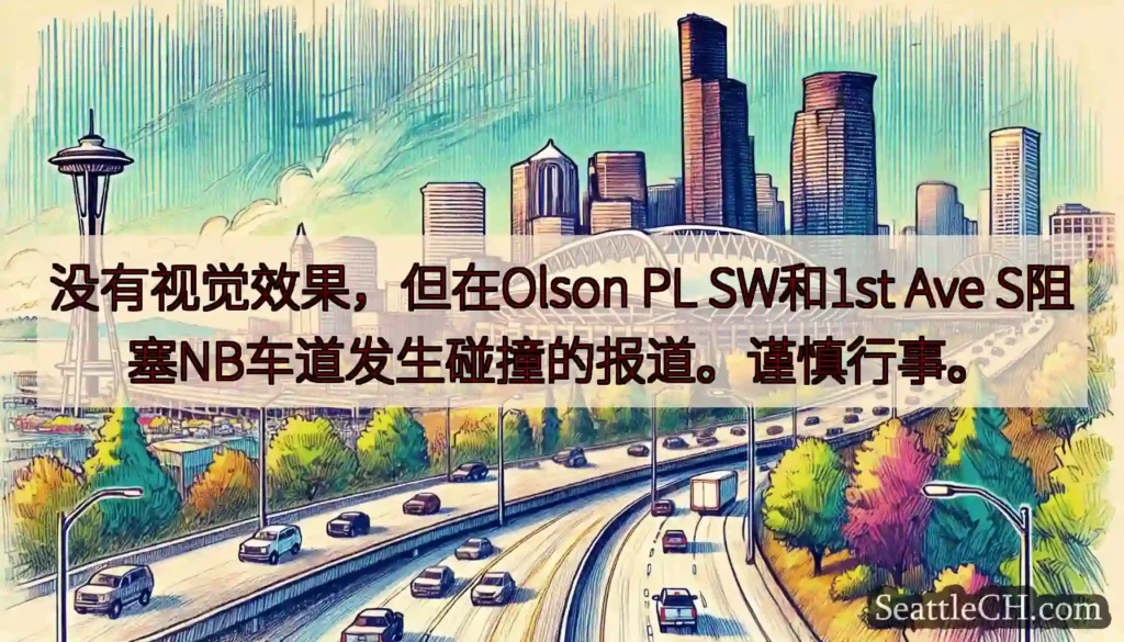 没有视觉效果，但在Olson PL SW和1st Ave S阻塞NB车道发生碰撞的报道。谨慎行事。