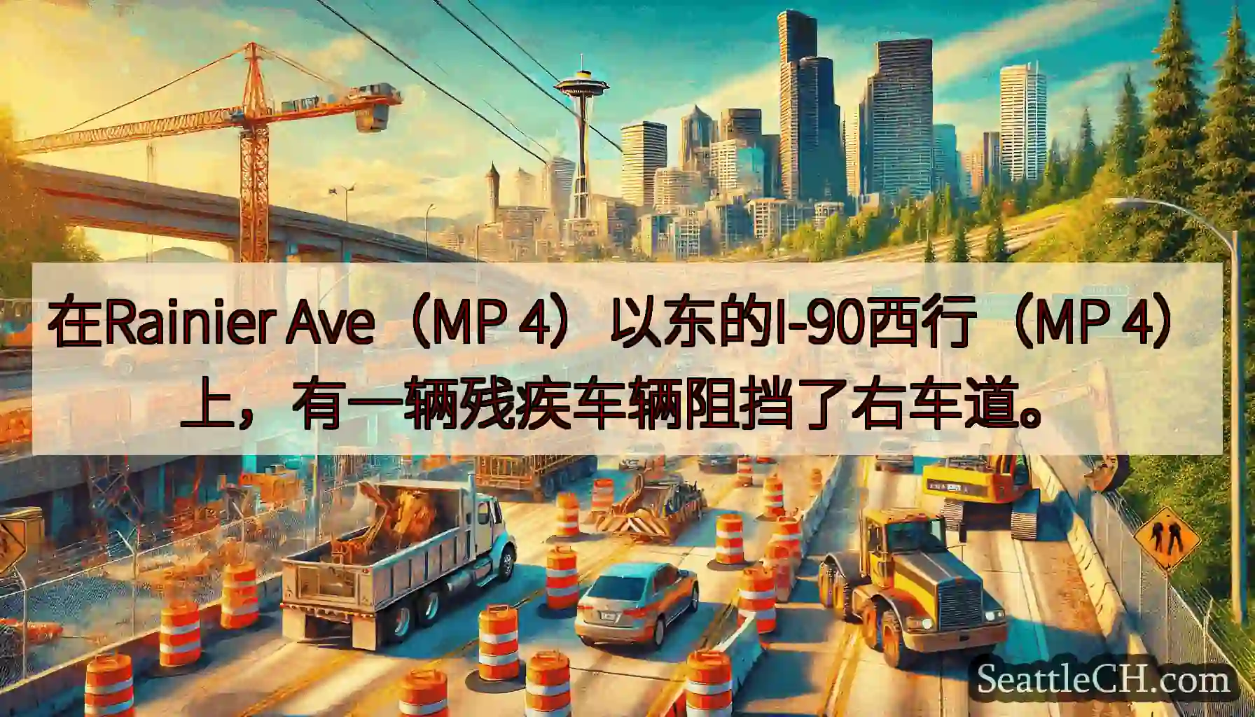在Rainier Ave（MP 4）以东的I-90西行（MP 4）上，有一辆残疾车辆阻挡了右车道。