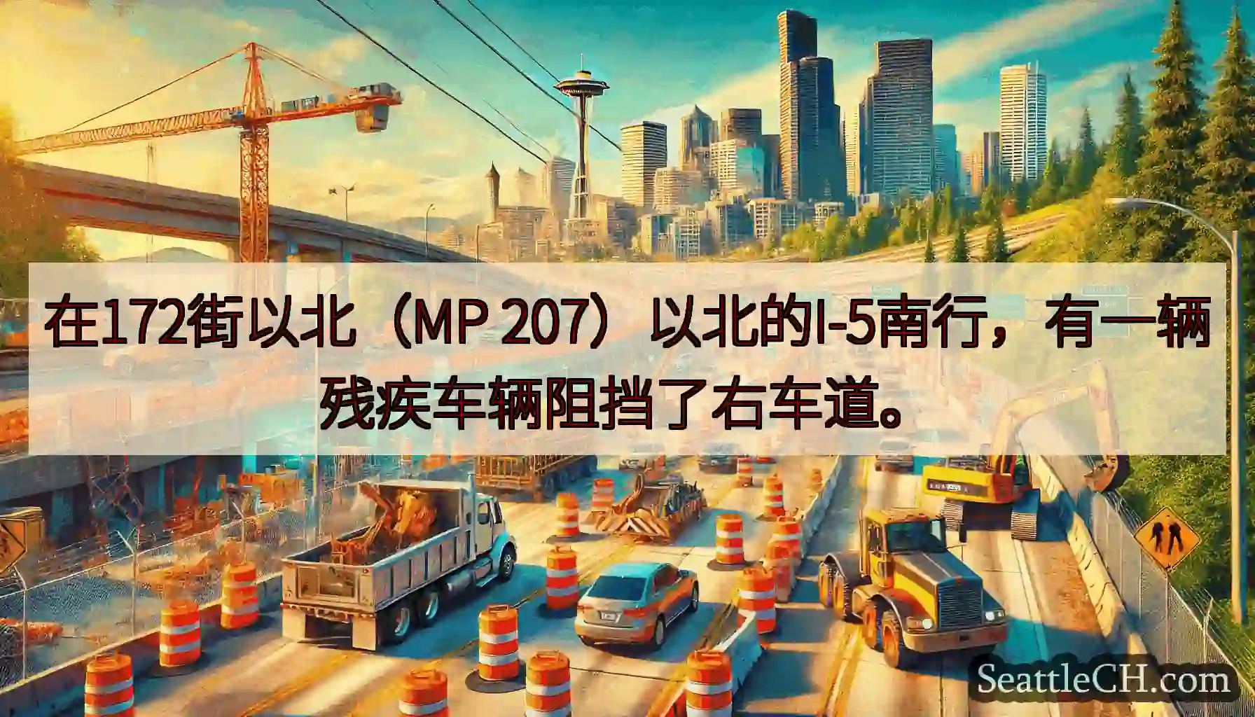 在172街以北（MP 207）以北的I-5南行，有一辆残疾车辆阻挡了右车道。