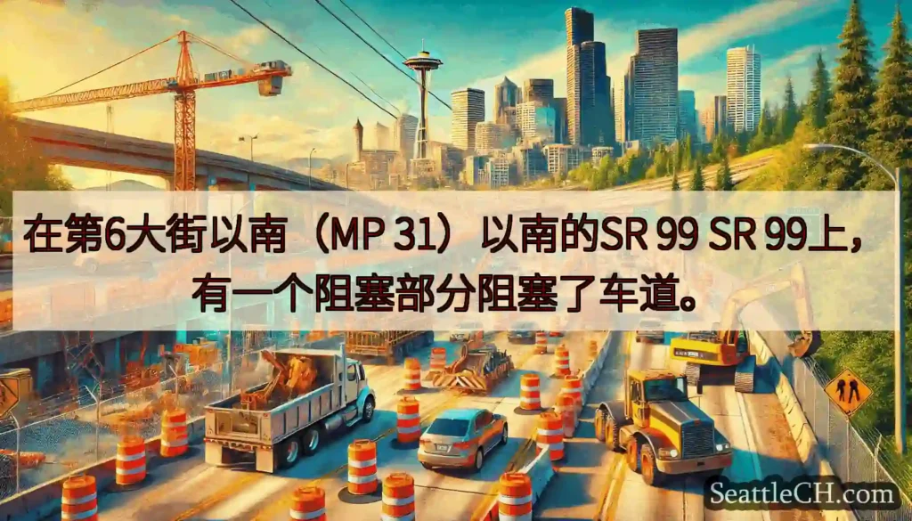 在第6大街以南（MP 31）以南的SR 99 SR 99上，有一个阻塞部分阻塞了车道。