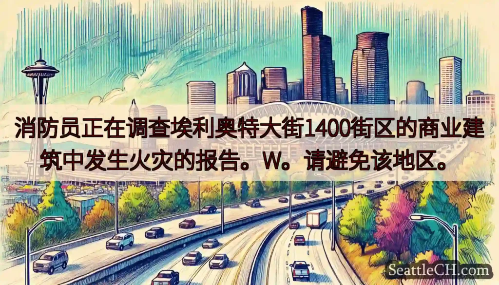 消防员正在调查埃利奥特大街1400街区的商业建筑中发生火灾的报告。W。请避免该地区。