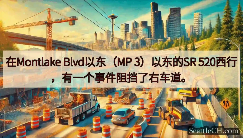 在Montlake Blvd以东（MP 3）以东的SR 520西行，有一个事件阻挡了右车道。