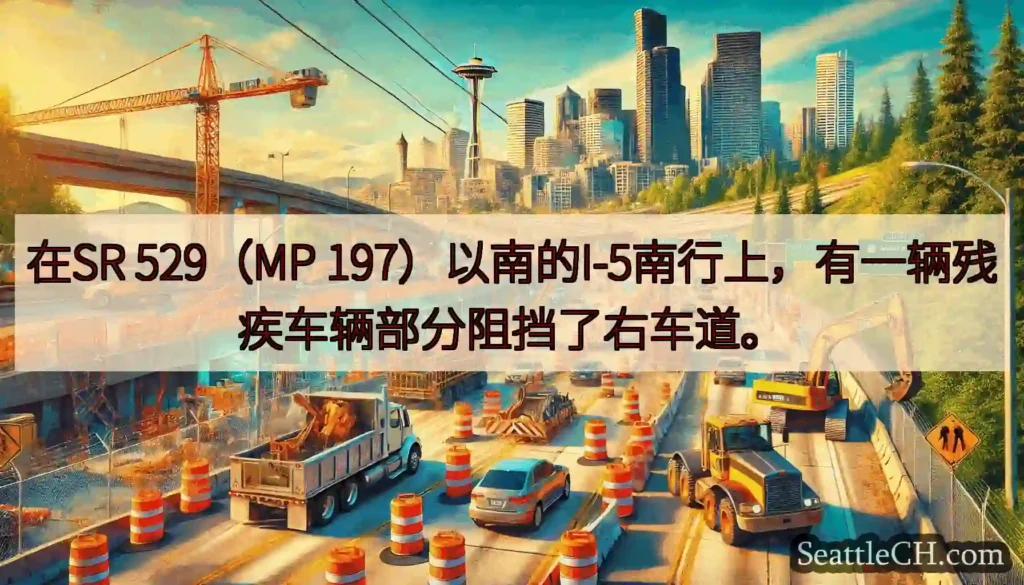 在SR 529（MP 197）以南的I-5南行上，有一辆残疾车辆部分阻挡了右车道。