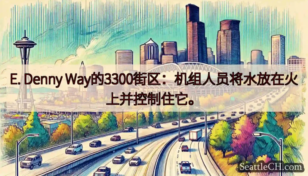 E. Denny Way的3300街区：机组人员将水放在火上并控制住它。