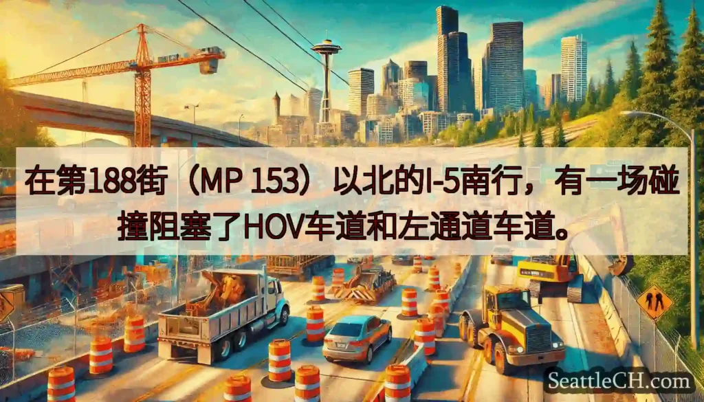在第188街（MP 153）以北的I-5南行，有一场碰撞阻塞了HOV车道和左通道车道。