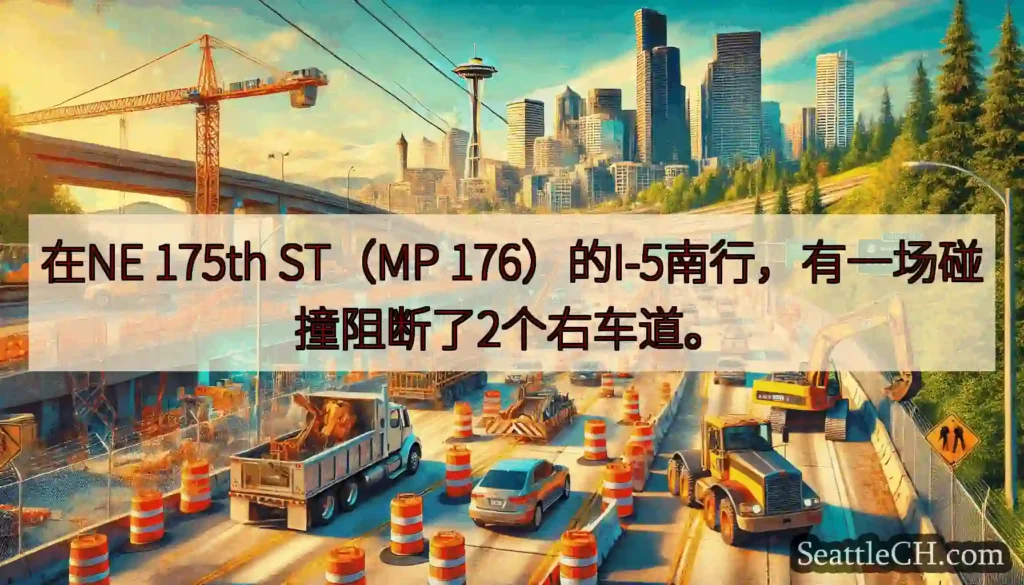 在NE 175th ST（MP 176）的I-5南行，有一场碰撞阻断了2个右车道。