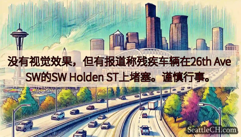 没有视觉效果，但有报道称残疾车辆在26th Ave SW的SW Holden ST上堵塞。谨慎行事。