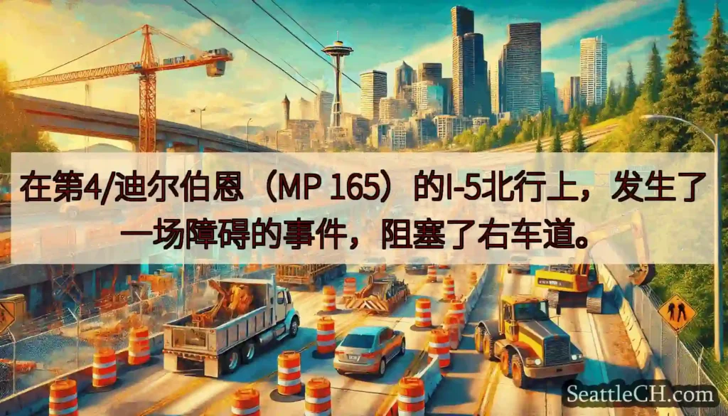 在第4/迪尔伯恩（MP 165）的I-5北行上，发生了一场障碍的事件，阻塞了右车道。