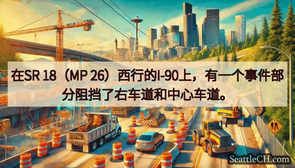 在SR 18（MP 26）西行的I-90上，有一个事件部分阻挡了右车道和中心车道。