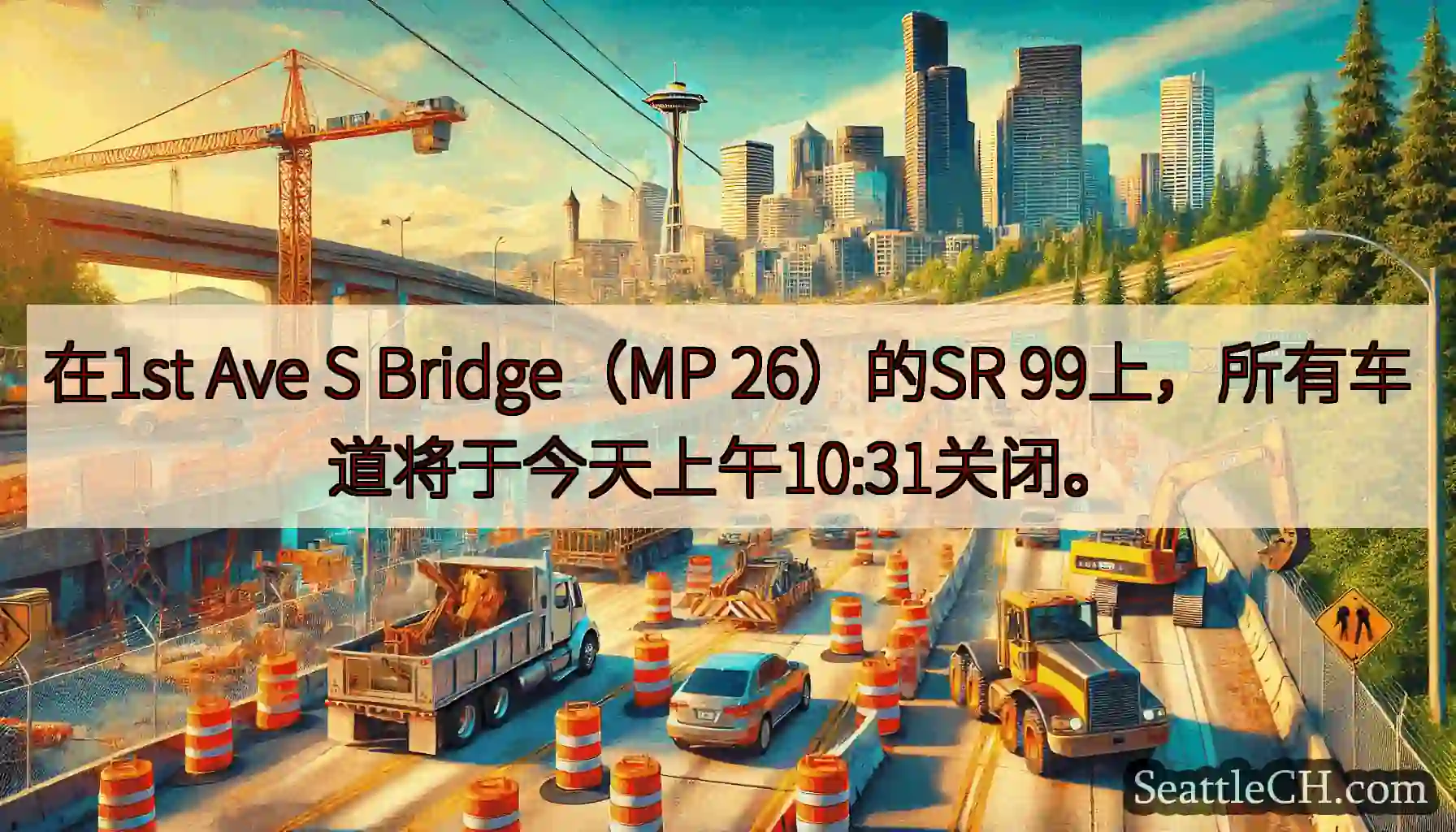 在1st Ave S Bridge（MP 26）的SR 99上，所有车道将于今天上午10:31关闭。