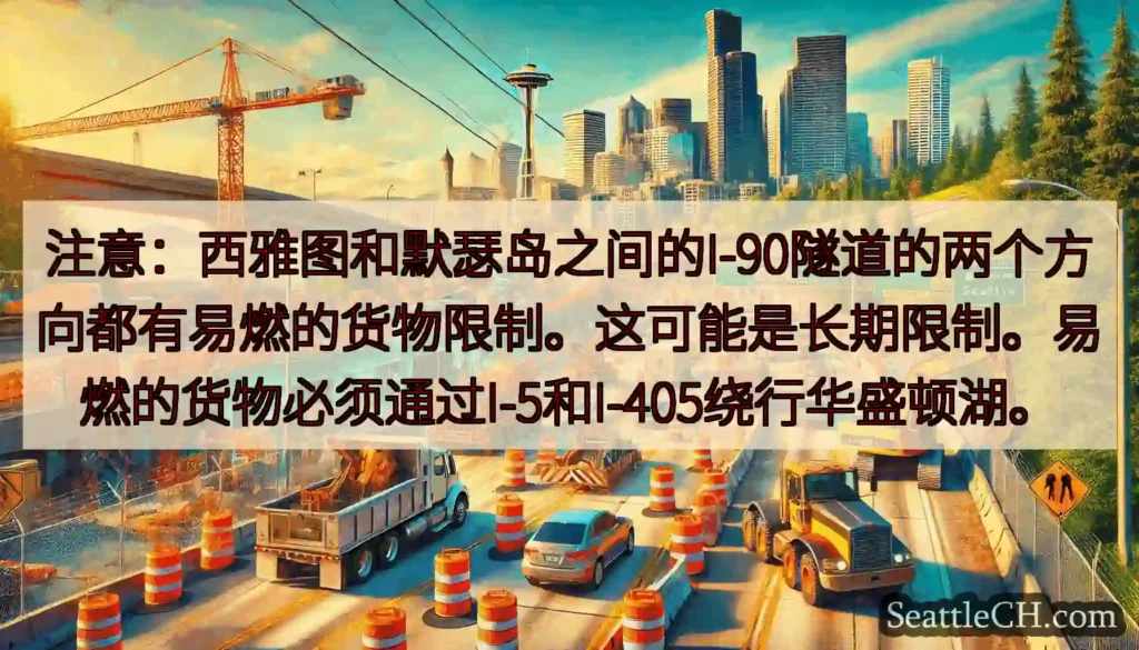 注意：西雅图和默瑟岛之间的I-90隧道的两个方向都有易燃的货物限制。这可能是长期限制。易燃的货物必须