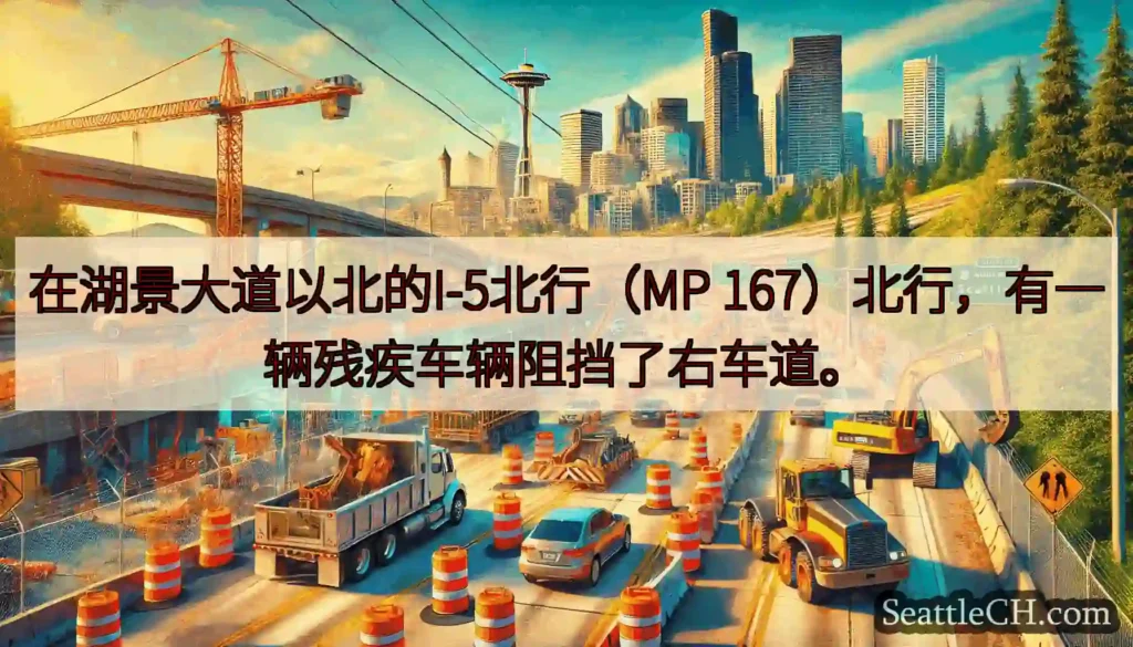 在湖景大道以北的I-5北行（MP 167）北行，有一辆残疾车辆阻挡了右车道。