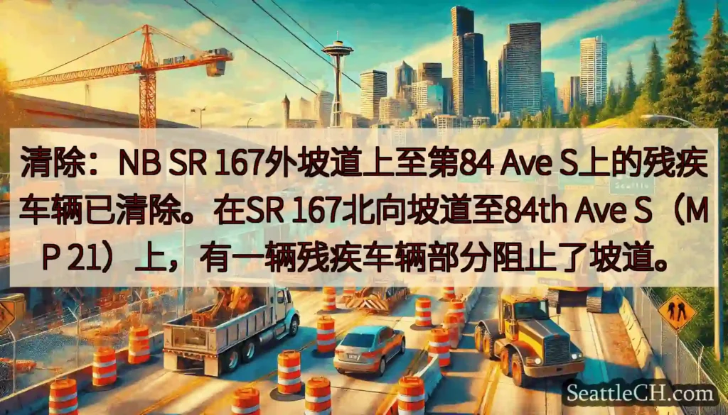 清除：NB SR 167外坡道上至第84 Ave S上的残疾车辆已清除。在SR
