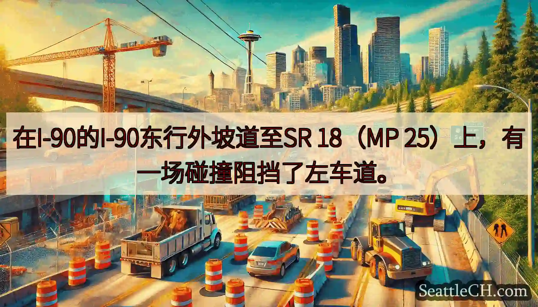 在I-90的I-90东行外坡道至SR 18（MP 25）上，有一场碰撞阻挡了左车道。