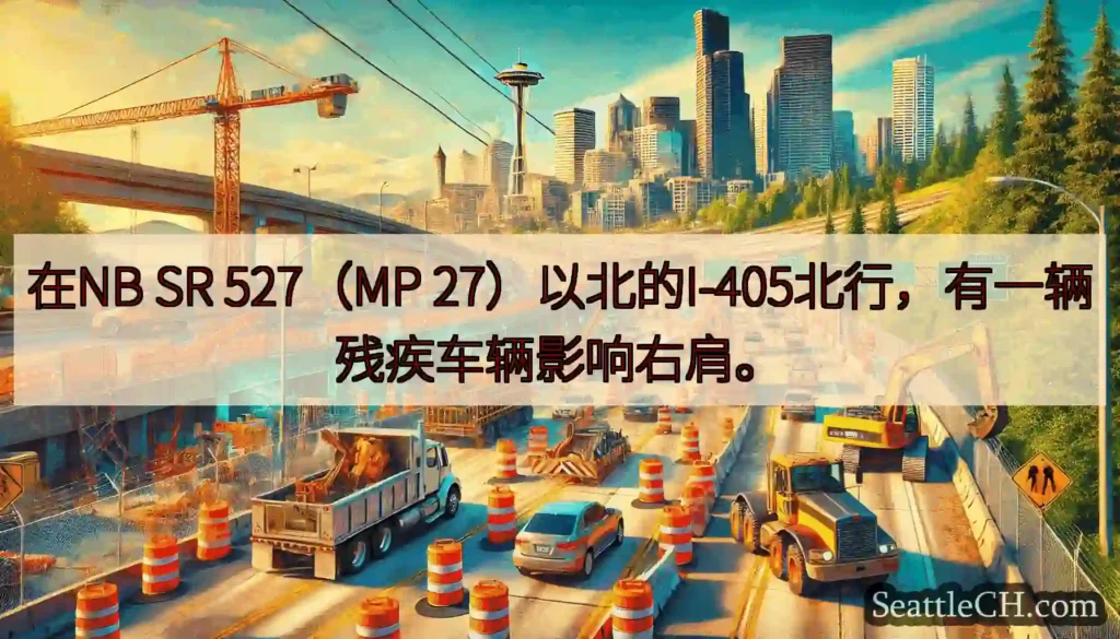 在NB SR 527（MP 27）以北的I-405北行，有一辆残疾车辆影响右肩。