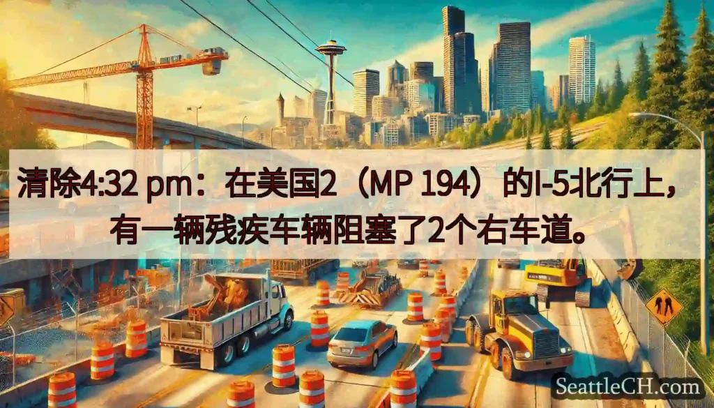 清除4:32 pm：在美国2（MP 194）的I-5北行上，有一辆残疾车辆阻塞了2个右车道。