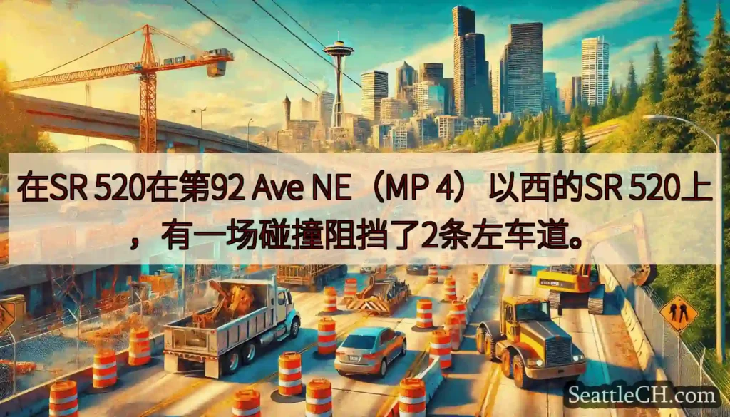 在SR 520在第92 Ave NE（MP 4）以西的SR 520上，有一场碰撞阻挡了2条左车道。