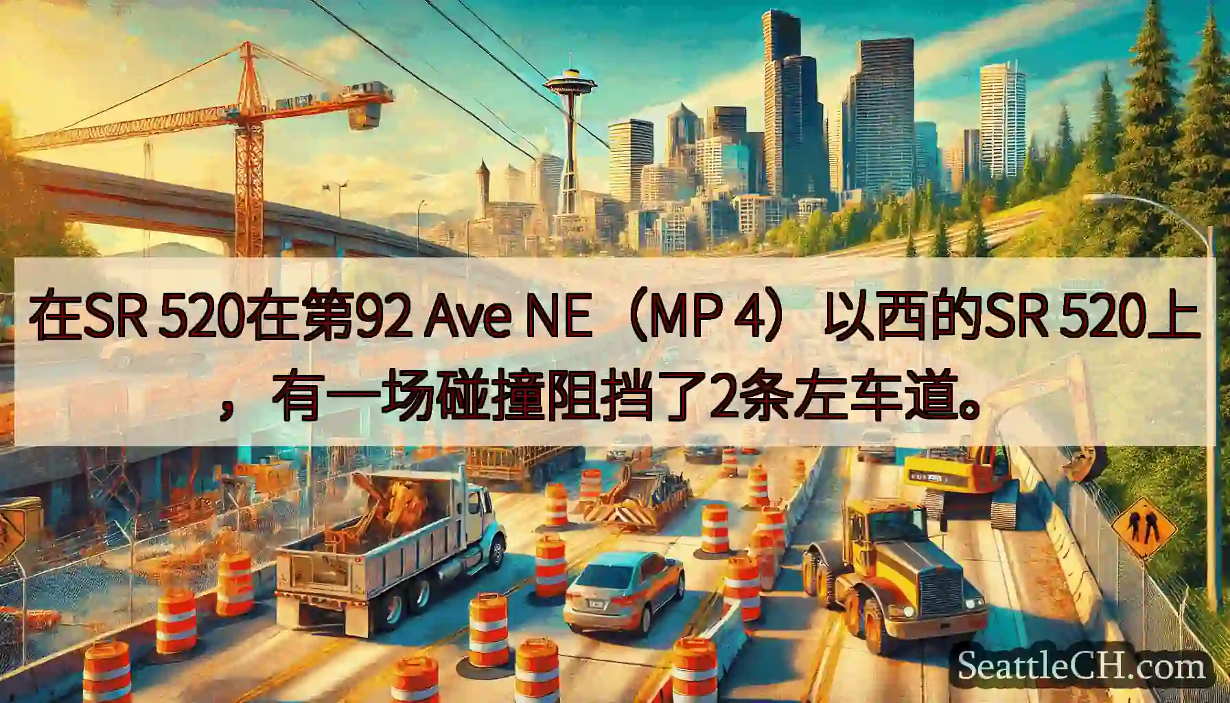 在SR 520在第92 Ave NE（MP 4）以西的SR 520上，有一场碰撞阻挡了2条左车道。
