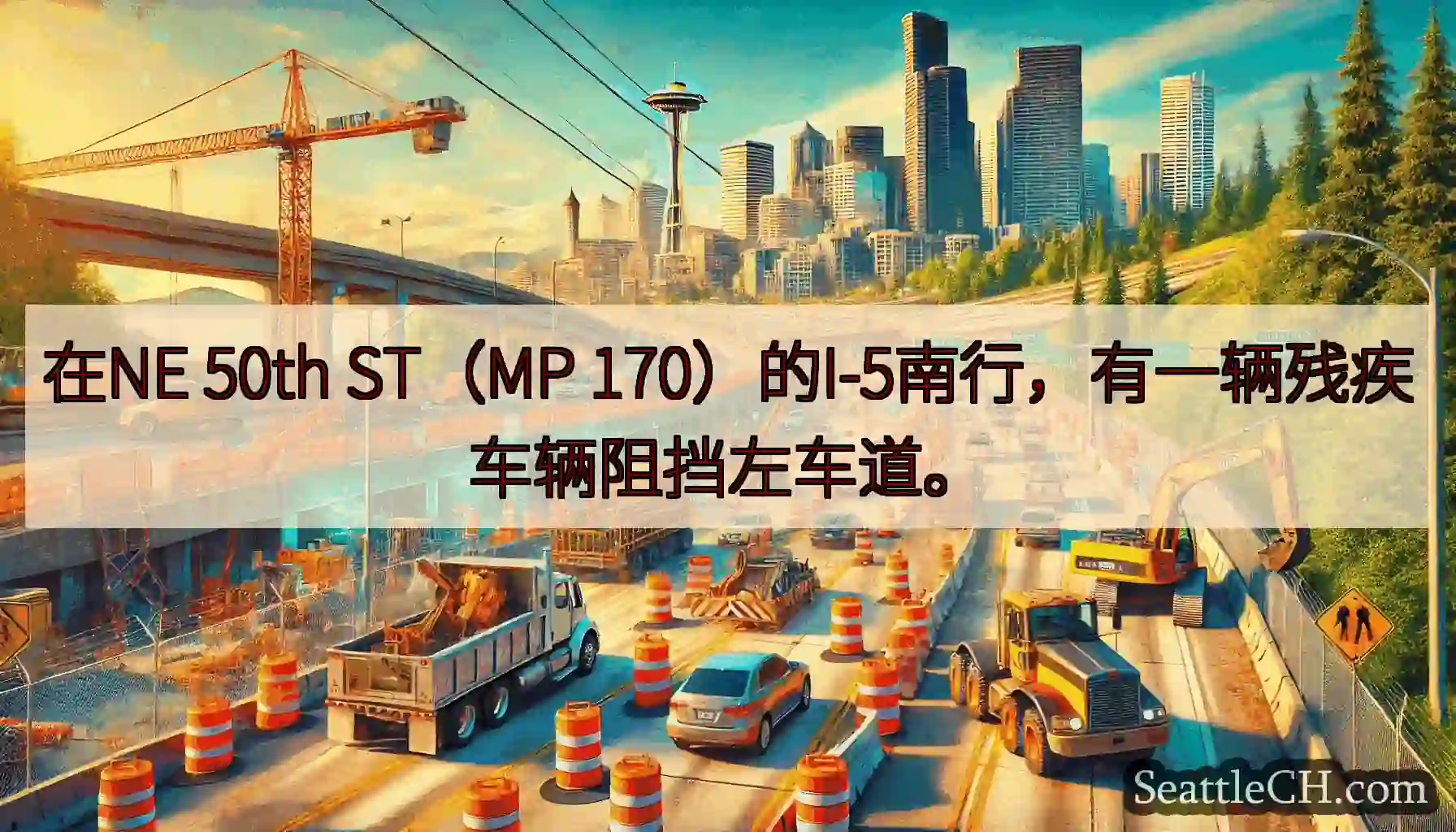 在NE 50th ST（MP 170）的I-5南行，有一辆残疾车辆阻挡左车道。