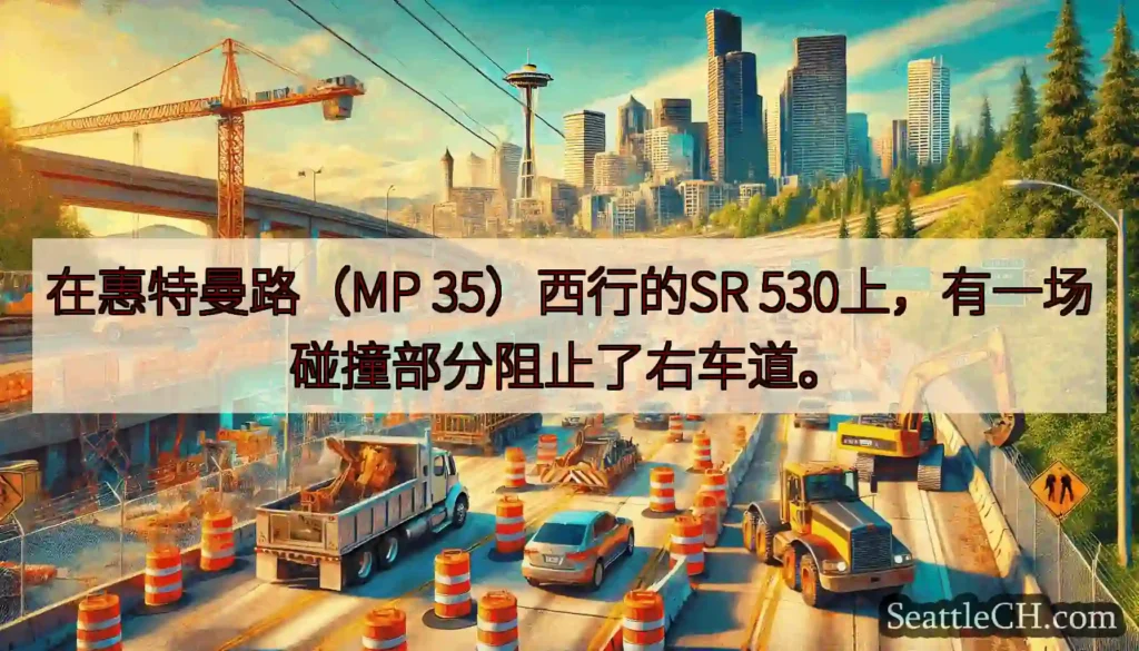 在惠特曼路（MP 35）西行的SR 530上，有一场碰撞部分阻止了右车道。