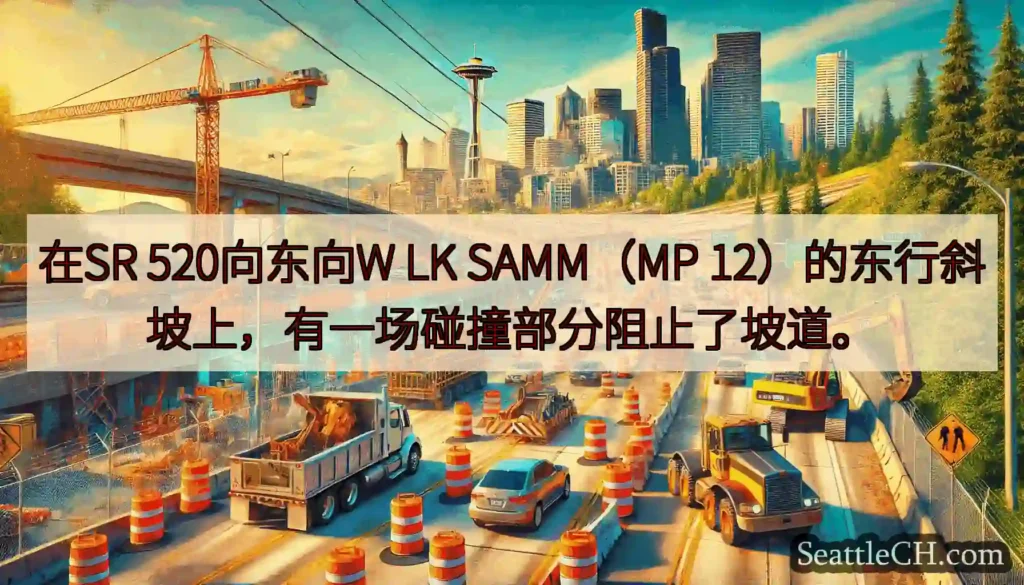 在SR 520向东向W LK SAMM（MP 12）的东行斜坡上，有一场碰撞部分阻止了坡道。