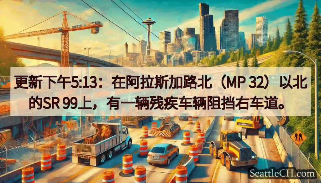 更新下午5:13：在阿拉斯加路北（MP 32）以北的SR 99上，有一辆残疾车辆阻挡右车道。