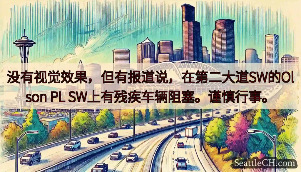 没有视觉效果，但有报道说，在第二大道SW的Olson PL SW上有残疾车辆阻塞。谨慎行事。