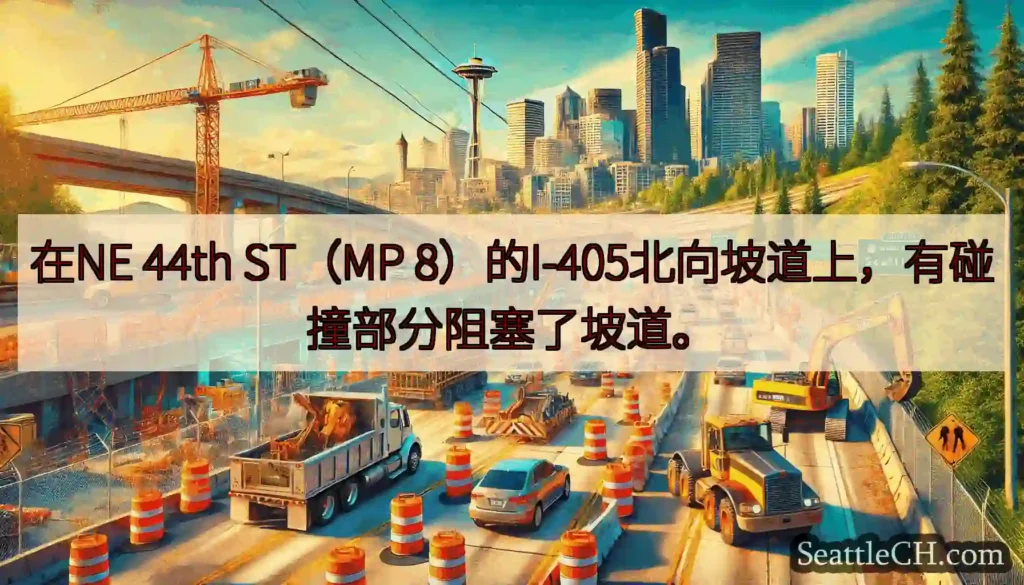 在NE 44th ST（MP 8）的I-405北向坡道上，有碰撞部分阻塞了坡道。