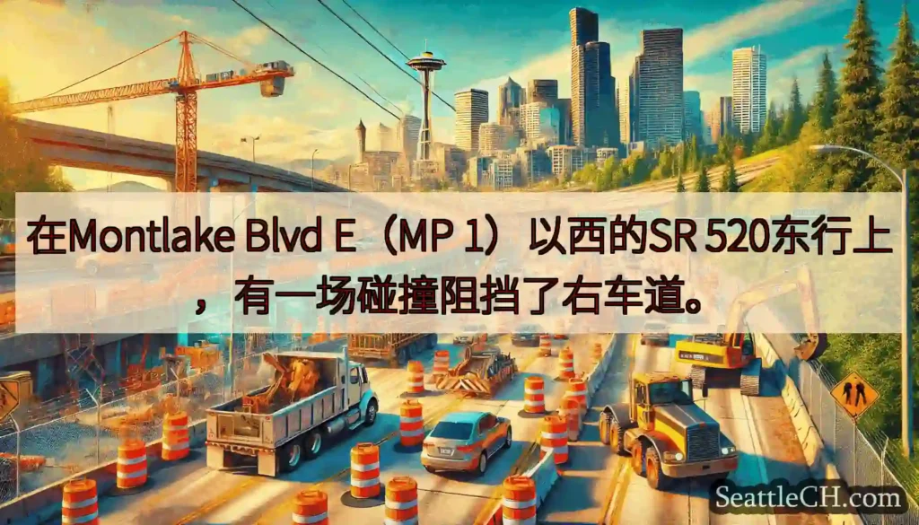 在Montlake Blvd E（MP 1）以西的SR 520东行上，有一场碰撞阻挡了右车道。