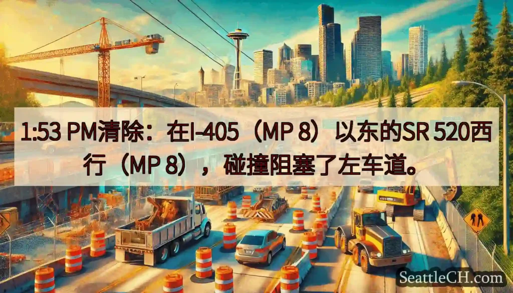1:53 PM清除：在I-405（MP 8）以东的SR 520西行（MP 8），碰撞阻塞了左车道。