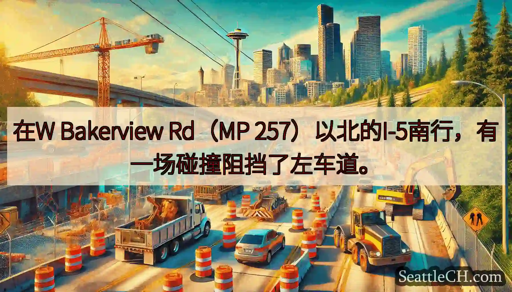 在W Bakerview Rd（MP 257）以北的I-5南行，有一场碰撞阻挡了左车道。