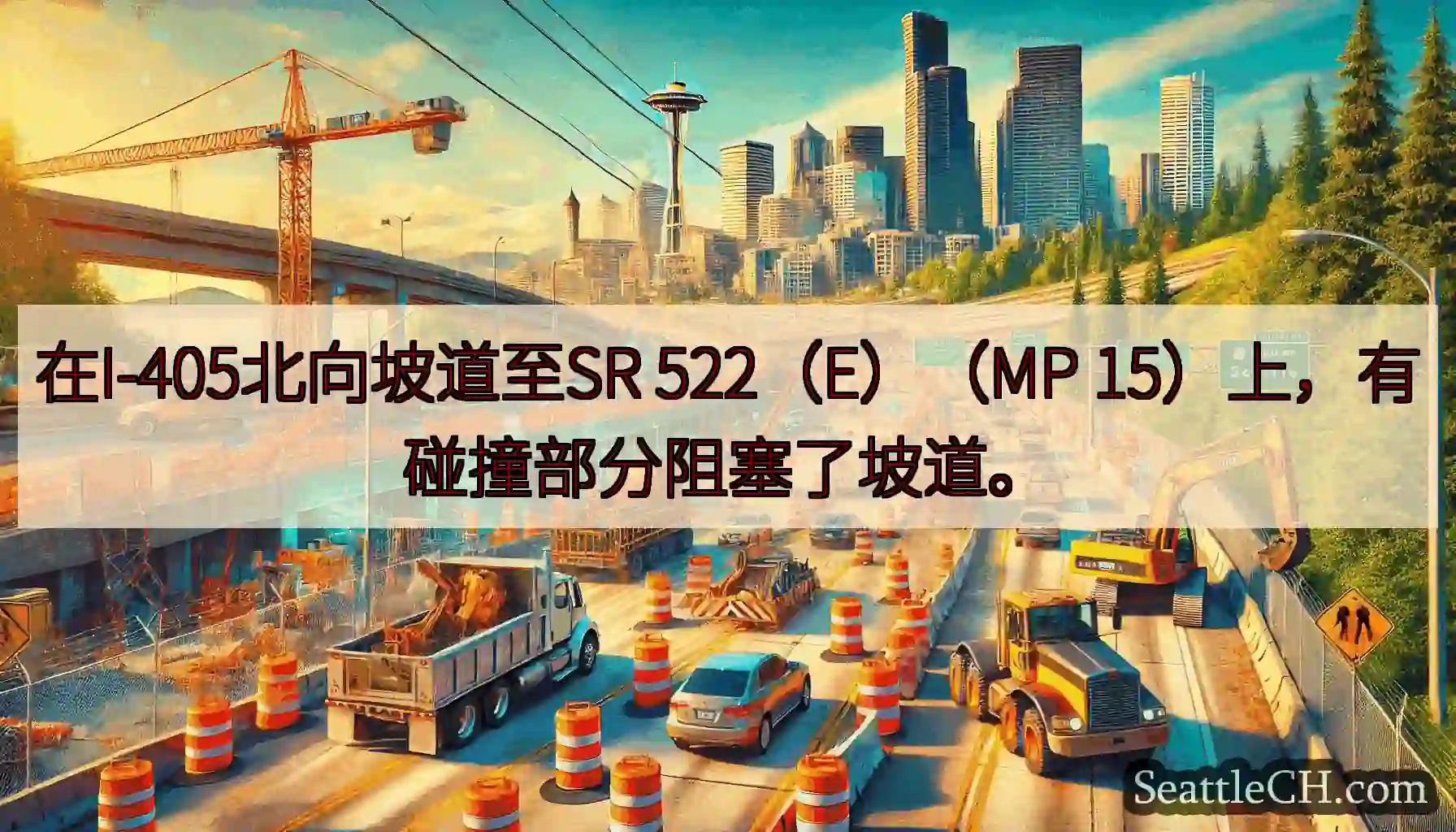 在I-405北向坡道至SR 522（E）（MP 15）上，有碰撞部分阻塞了坡道。